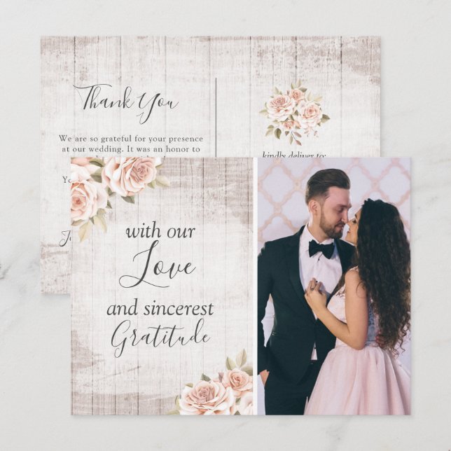 Carte Postale Rustic Wood & Roses Mariage Shabby Chic Remercieme (Devant / Derrière)