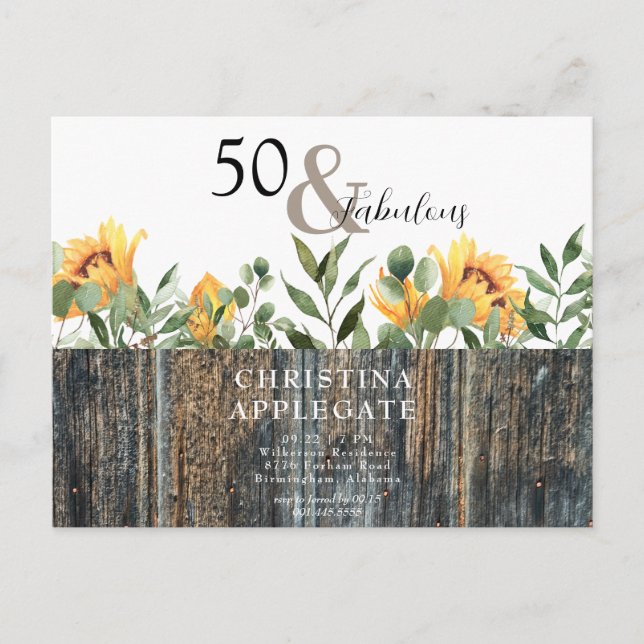 Carte Postale Rustique 50 & Fabuleux Sunflower Anniversaire (Devant)
