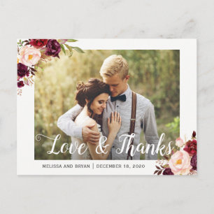 Carte Postale Rustique Bourgogne Rouge Floral Mariage Merci phot