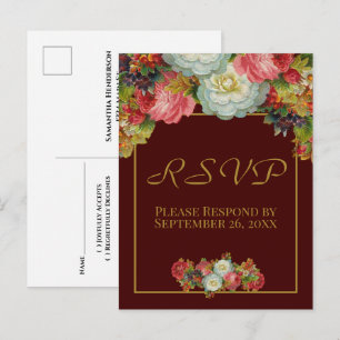 Carte Postale Rustique Bourgogne Vintage Automne Mariage floral 