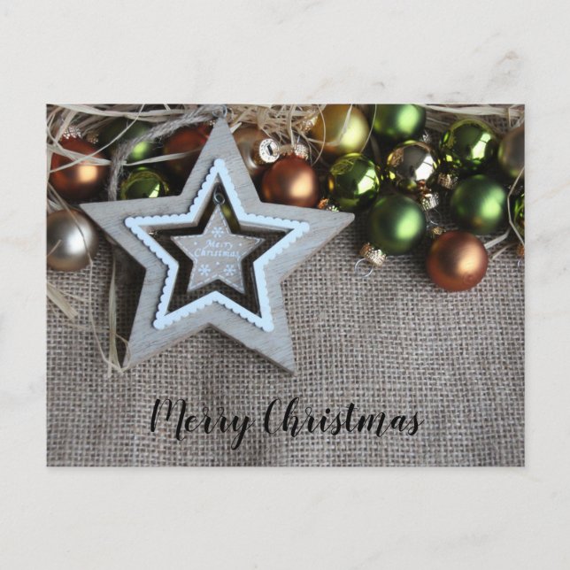 Carte Postale Rustique Burlap Star Gold Green Ornements de Noël (Devant)