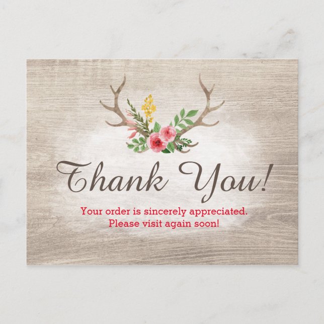 Carte Postale Rustique Deer Antler Bohème Floral Merci (Devant)