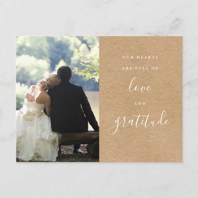 Carte Postale Rustique Kraft Script Mariage photo Merci (Devant)
