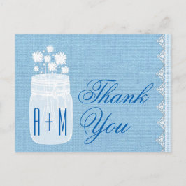 Carte Postale Rustique Mason Jar et Fleurs Merci Bleu A29