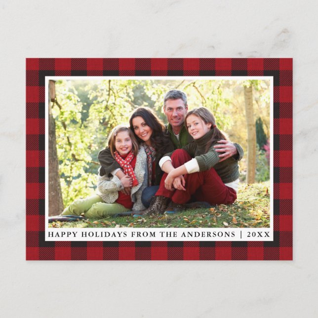 Carte Postale Rustique Rouge Plaid Famille Photo Joyeuses Fêtes (Devant)