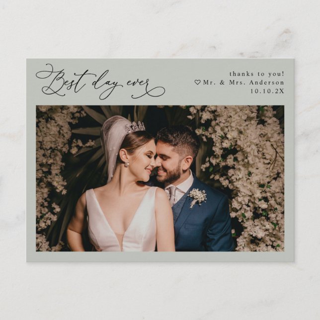 Carte Postale Rustique Sage Vert Simple Mariage Photo Merci (Devant)