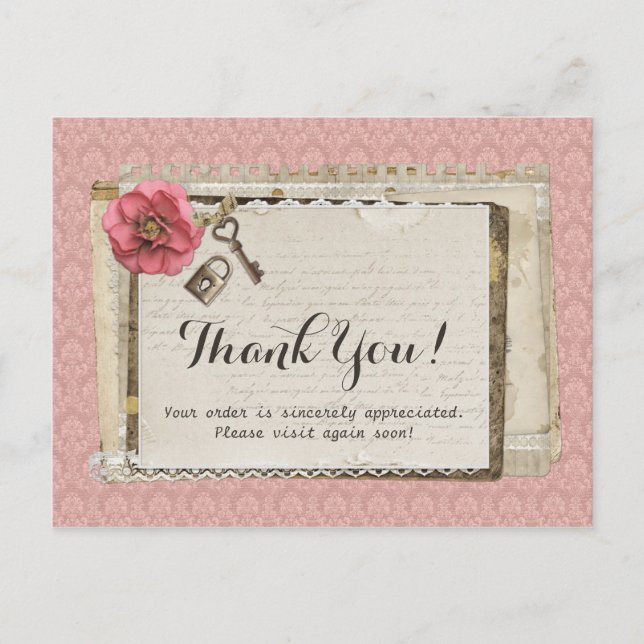Carte Postale Rustique Shabby Chic rose Victorien Damask Merci (Devant)