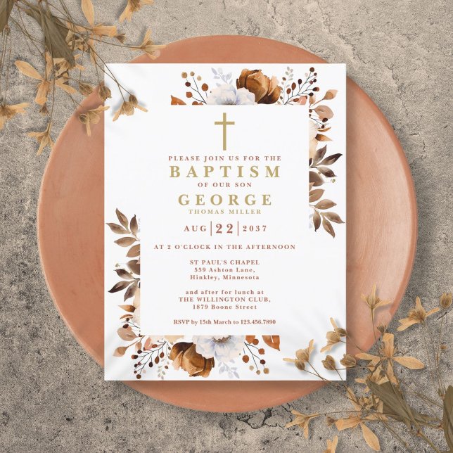 Carte Postale Rustique Terracotta Floral Automne Baptême Invitat (Rustic Terracotta Floral Fall Baptism Invitation Postcard)