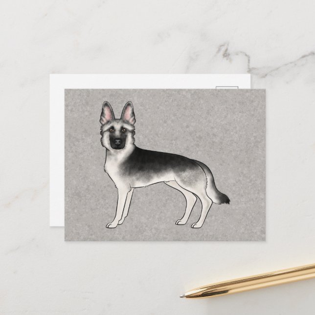 Carte Postale Sable Argentée Berger Allemand Dessin Animé Chien  (Devant/Arrière en situation)