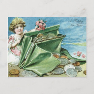 Carte Postale Sac À Main Fille Argent Pièces Rose