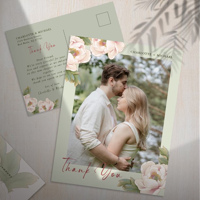Carte Postale Sage & Blush Peony Floral Photo Mariage Merci (Créateur téléchargé)