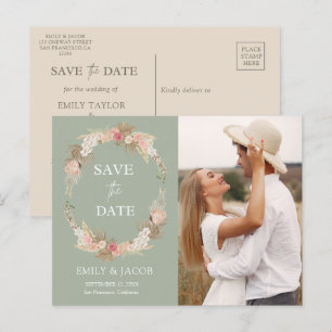 Carte Postale Sage Green Boho couronne fleurie Enregistrer la da