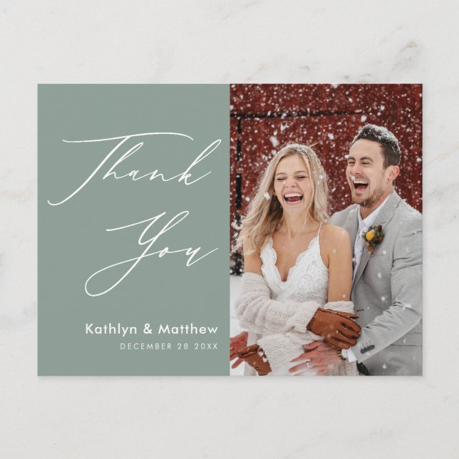 Carte Postale Sage Green Élégant Script Mariage moderne Merci (Devant)