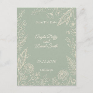 Carte Postale Sage Line Art Floral Enregistrer la Date