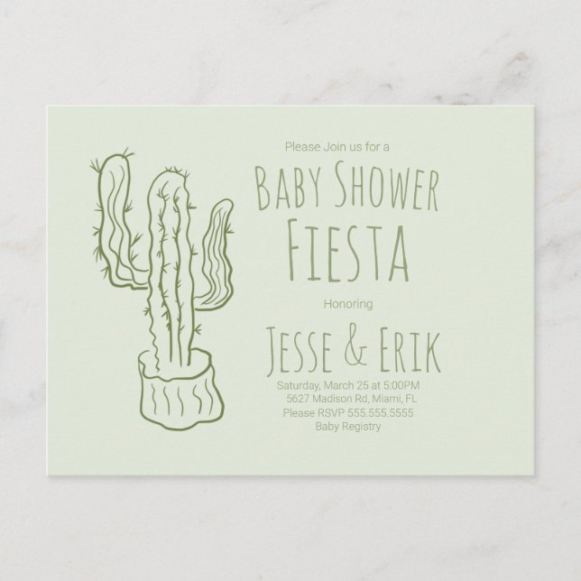 Carte Postale Saguaro Cactus Baby shower vert à main tiré (Devant)