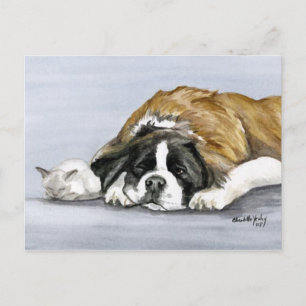 Carte postale Saint Bernard & Kitten Chien Art
