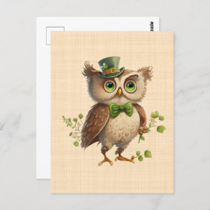 Carte Postale Saint Patrick - Chouette portant chapeau vert 