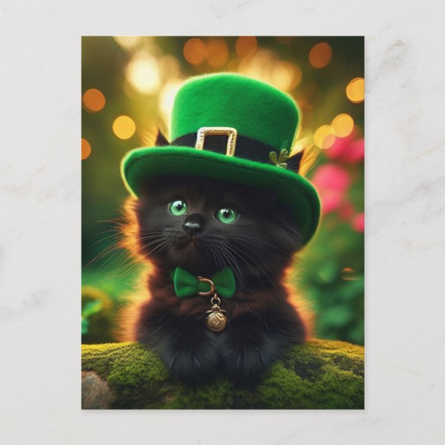 Carte Postale Saint Patrick Noir Fête Kitten (Devant)