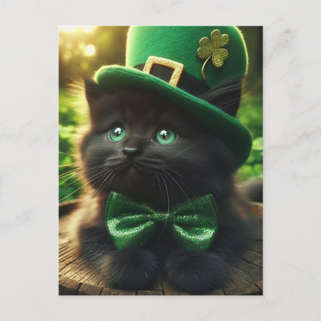 Carte Postale Saint Patrick Noir Fête Kitten (Devant)
