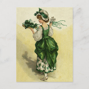Carte Postale Saint-Patrick vintage, femme trèfles verts