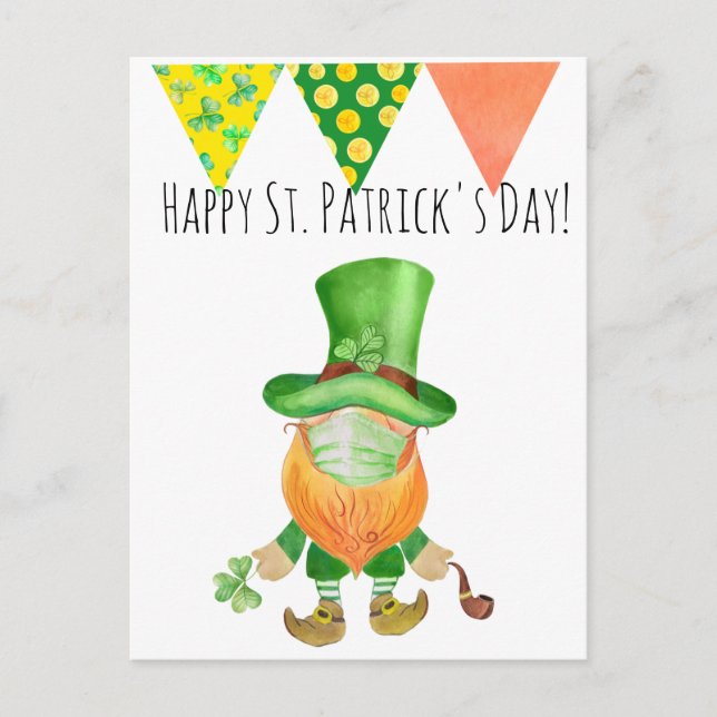 Carte Postale Saint Patrick's Day Leprechaun Gnome Covid masque  (Devant)