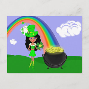 Carte Postale Saint Pat's Day Brunette Girl Leprechaun avec arc-