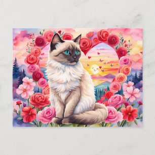 Carte Postale Saint Valentin chaton siamois au Coeur du coucher