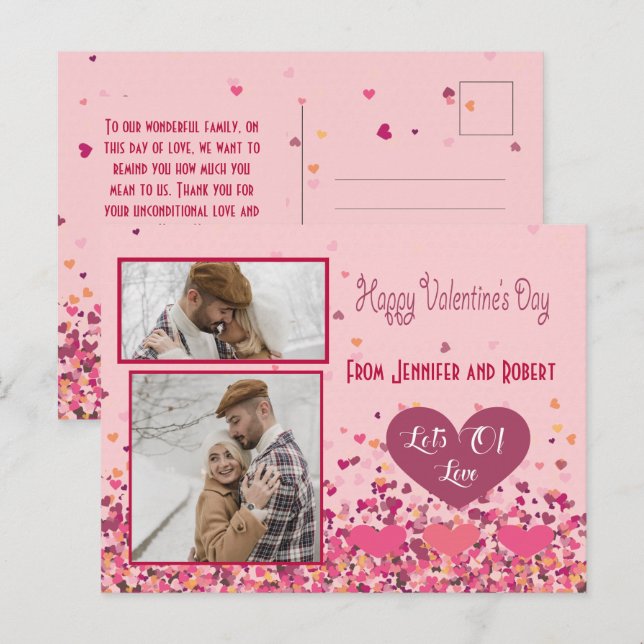 Carte Postale Saint-Valentin Photo personnalisée Coeurs roses (Devant / Derrière)