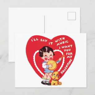 Carte Postale Saint-Valentin rétro, groupe de musique de garçon 