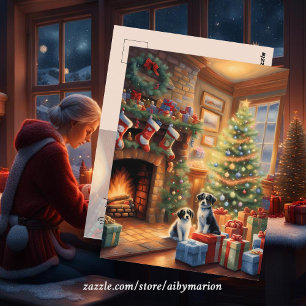 Carte Postale Salle décorée festive, cheminée, chiens, vintage