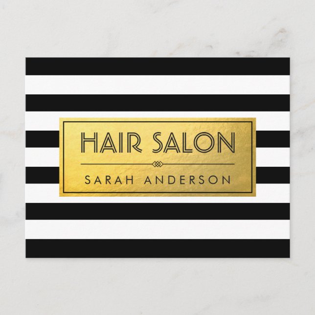Carte Postale SALON DE CHEVEUX - Étiquette d'or et rayures blanc (Devant)