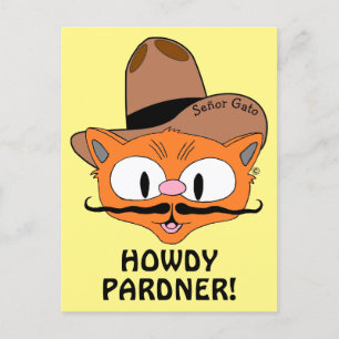 Carte Postale SALUT PARTENAIRE ! Chat à Moustache Cowboy Señor G