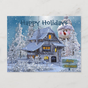 Carte Postale Salutation de Noël Bonhomme de Neige Hiver Bleu Ru