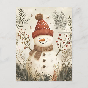 Carte Postale Salutation de Noël Festive Snowman