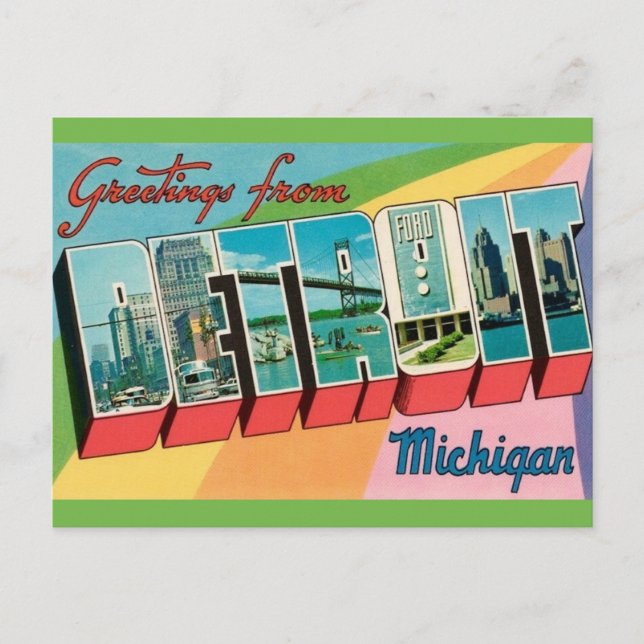 Carte Postale Salutation Retro Detroit Michigan (Devant)