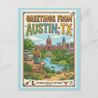 Carte Postale Salutations d'Austin TX Rétro Coloré