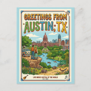 Carte Postale Salutations d'Austin TX Rétro Coloré