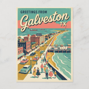 Carte Postale Salutations de Galveston TX Vue à vol d'oiseau Rét