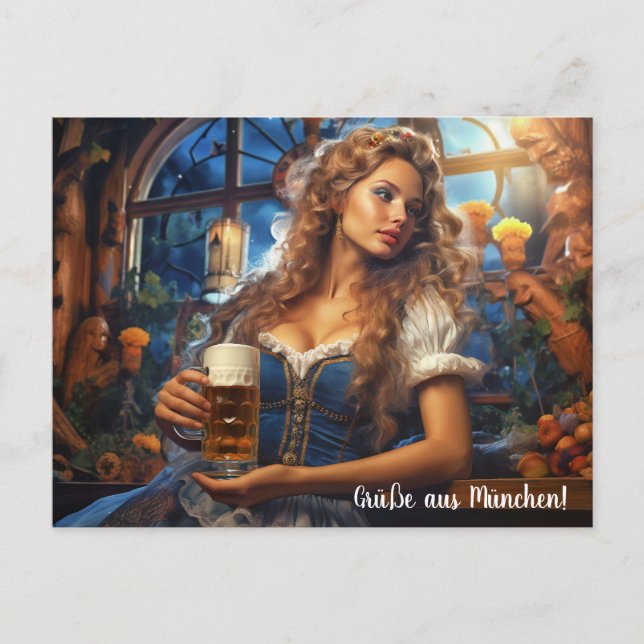 Carte Postale Salutations de Munich ! Une femme avec de la bière (Devant)