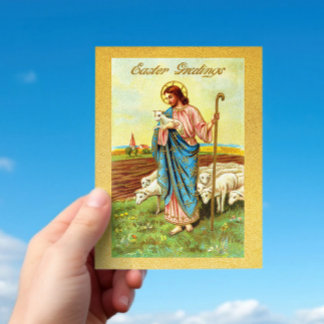 Carte Postale Salutations de Pâques vintages Berger Agneau mouto