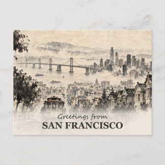 Carte Postale Salutations de San Francisco en lavis à l'encre