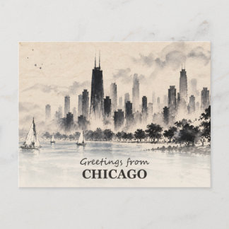 Carte Postale Salutations depuis le ciel de Chicago en lavis à l