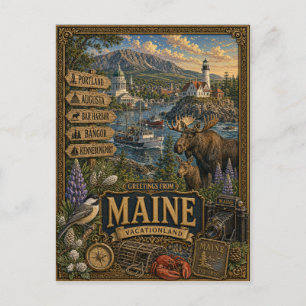 Carte Postale Salutations du Maine Art Rétro Vintage