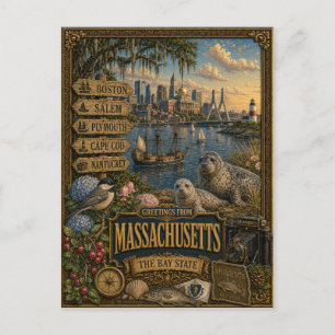 Carte Postale Salutations du Massachusetts   Art Rétro Vintage