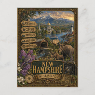 Carte Postale Salutations du New Hampshire Art Rétro Vintage