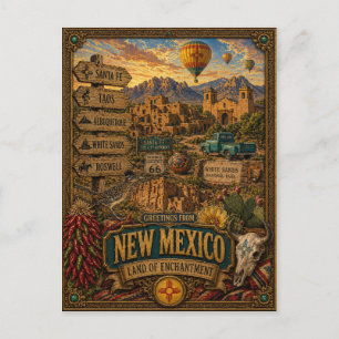 Carte Postale Salutations du Nouveau-Mexique Art Rétro Vintage