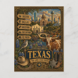 Carte Postale Salutations du Texas   Art Rétro Vintage