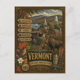 Carte Postale Salutations du Vermont   Art Rétro Vintage