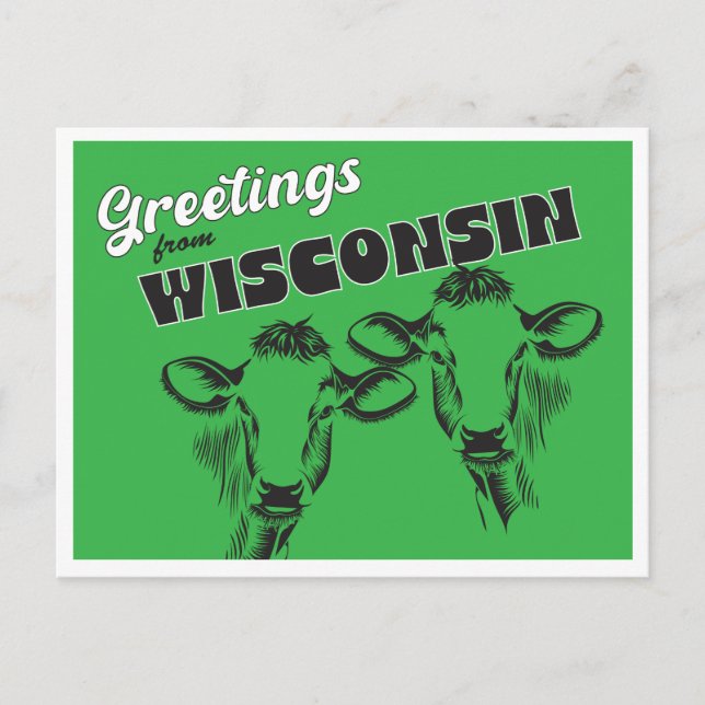 Carte Postale Salutations du Wisconsin avec dessin de vaches Vin (Devant)