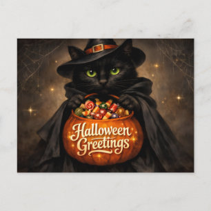 Carte Postale Salutations Halloween Chat Noir avec Bonbons